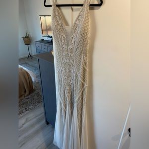 Lulus This I Promise You White and Nude Beaded Sequin Maxi Dress XL